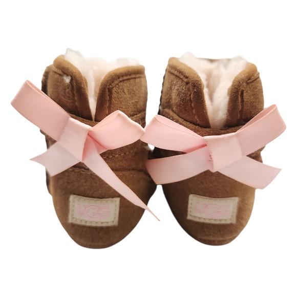 UGG Other - UGG Baby Girl Winter Booties Jesse Pink Bow II Size 2/3 Brown Suede 6-12 Months